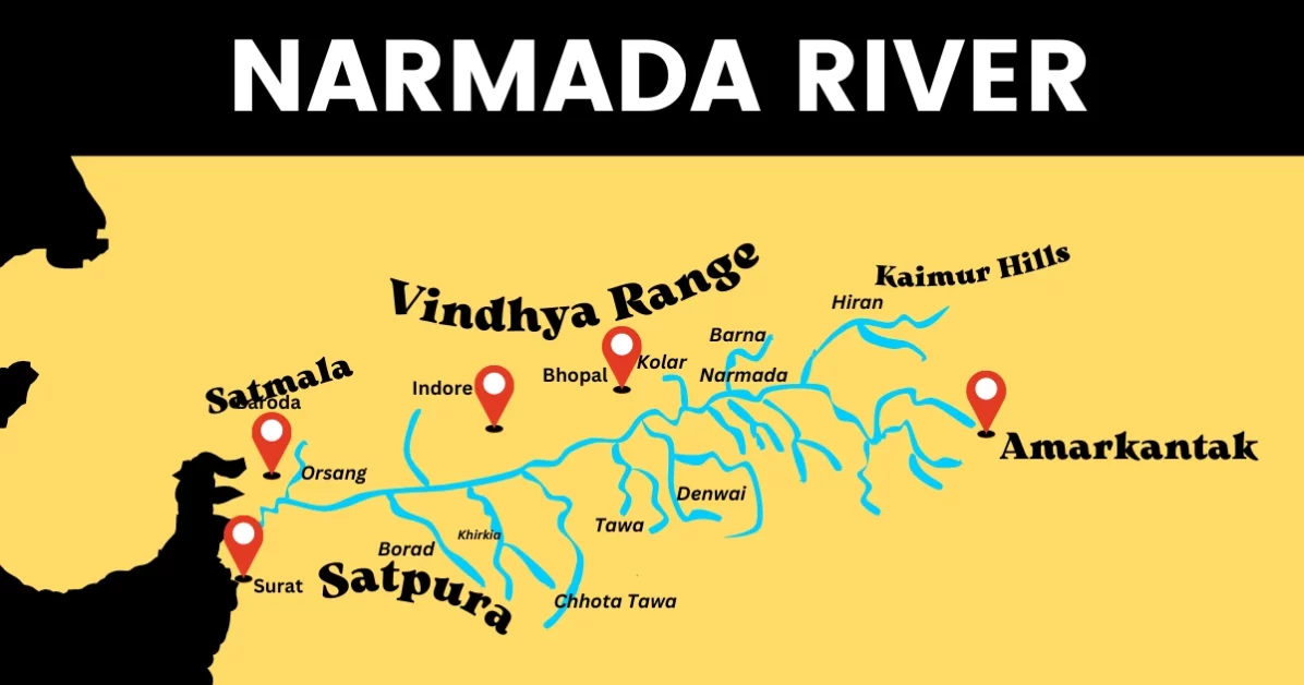 Narmada River Map UPSC Tributaries India Dams Length