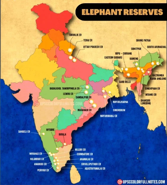 Total 33 Elephant Reserves in India with Map (UPSC 2023)